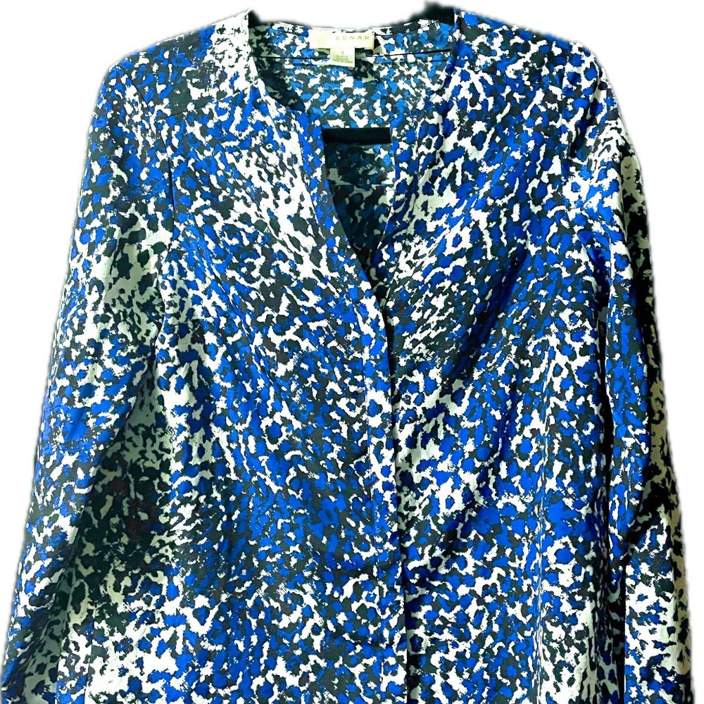 Kenar Blue Black White All Over Print Button Up Blouse Small